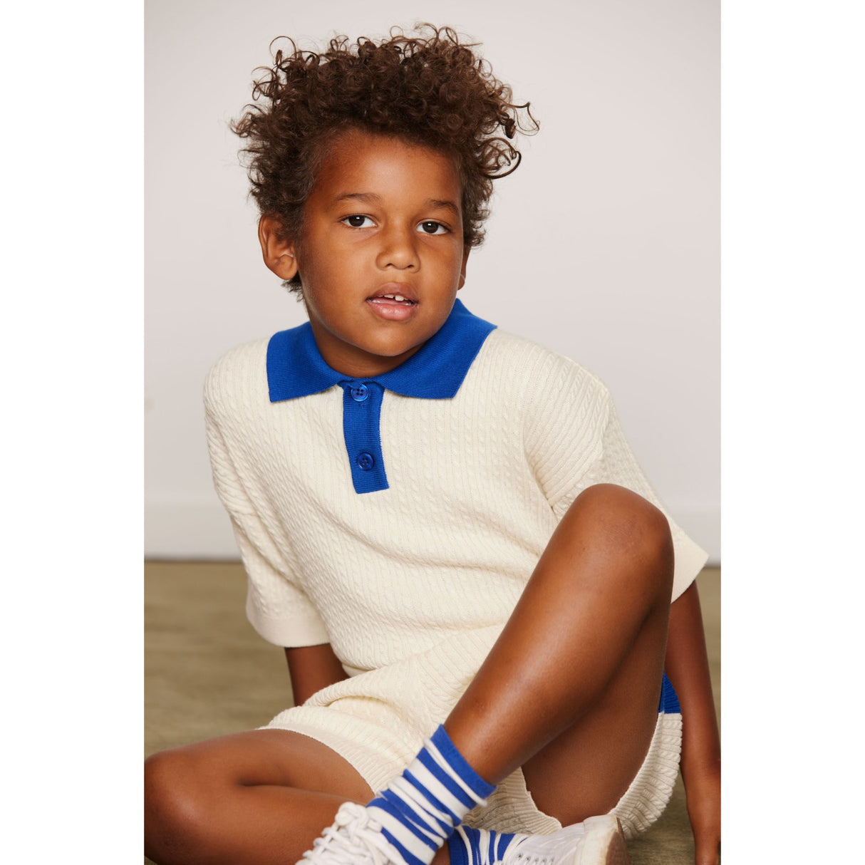 Mini Rodini Off-White Cable Knit Polo Shirt
