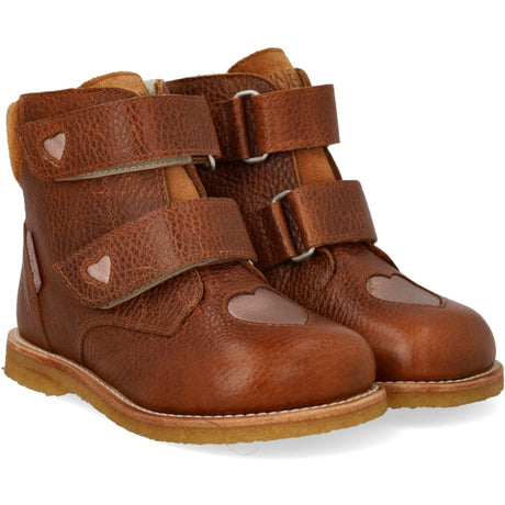 Angulus Cognac/Rose Copper/Cognac Tex-Støvle With Funklende Glitterhjerter
