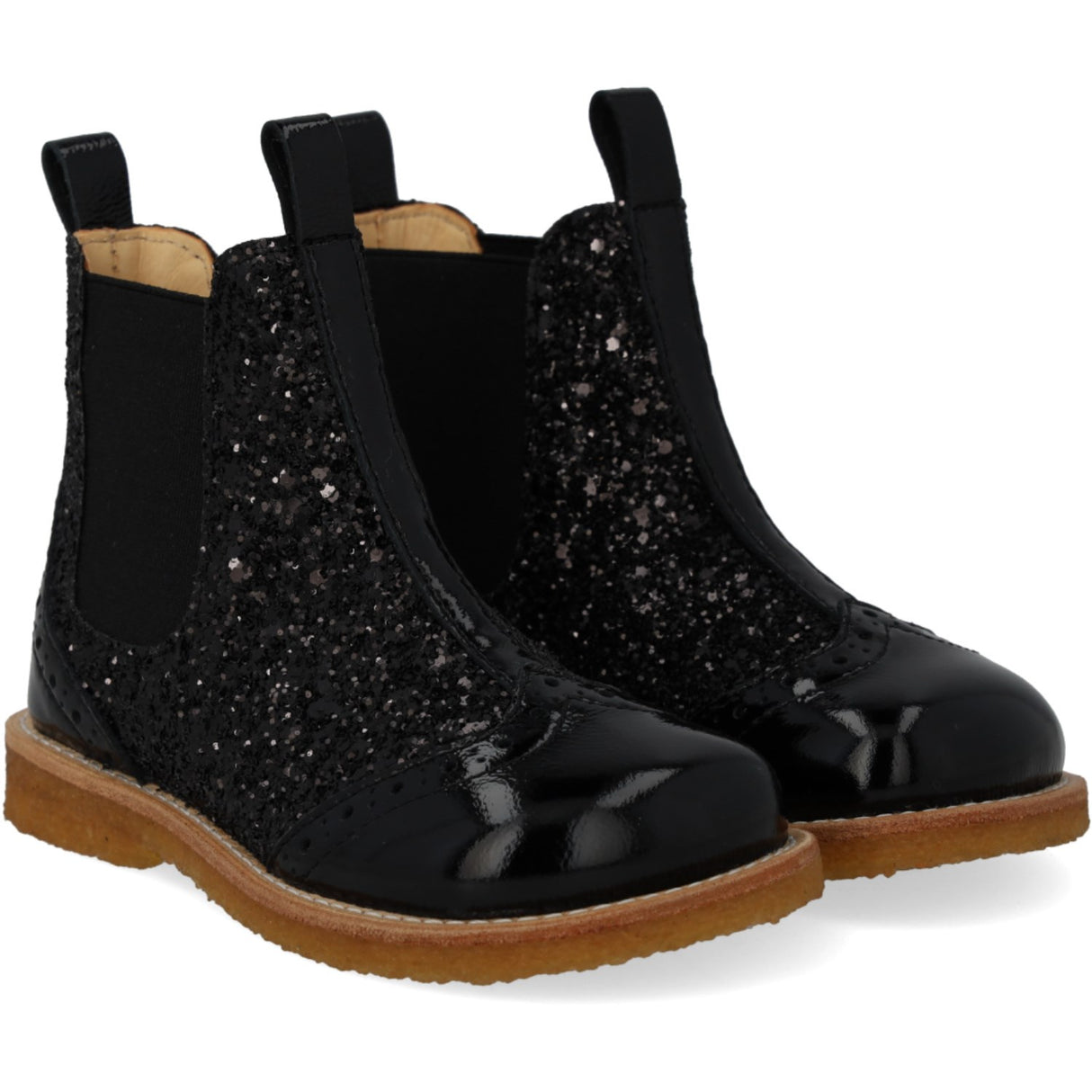 Angulus Black/Black Glitter/Black Elastic Chelsea Boot With Glitter Og Brogues Detaljer
