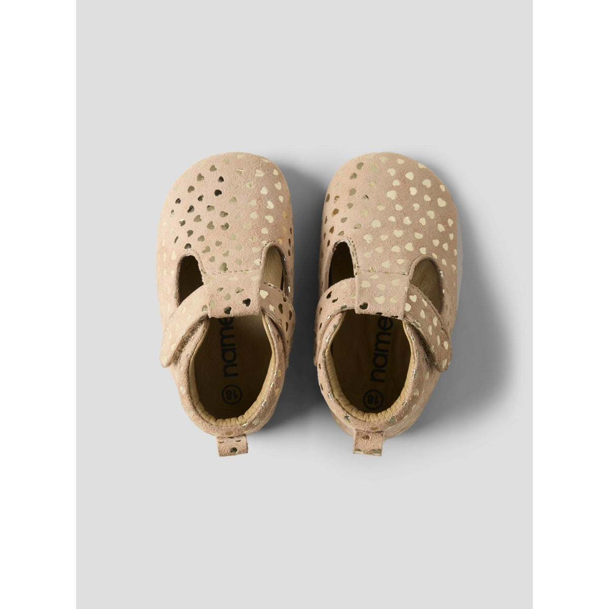 Name It Rose Smoke Metallic Heart Print Nbfrea Baby Shoe In Suede T-Strap Velcro
