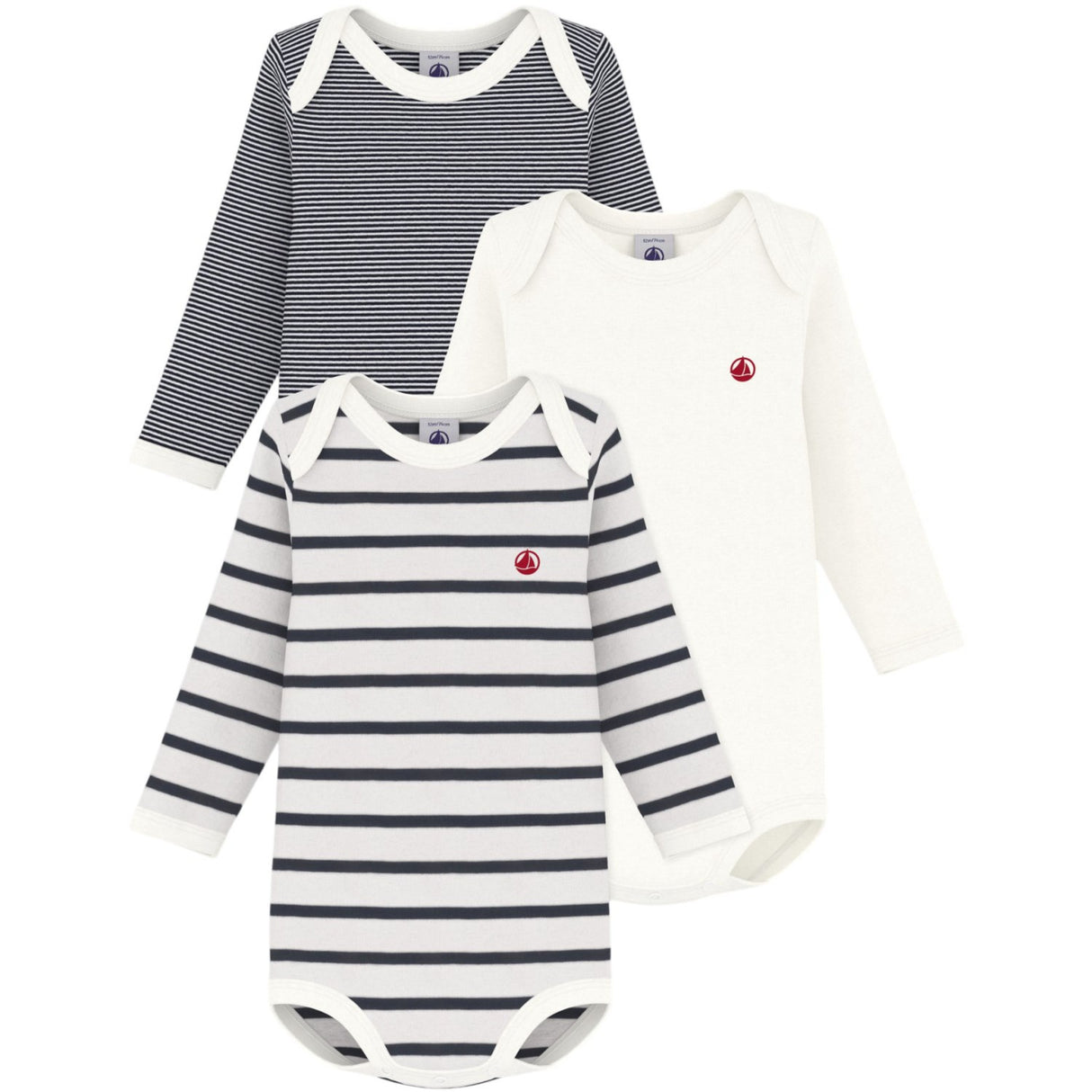 Petit Bateau Navy/White Long Sleeve Bodysuit 3-Pack
