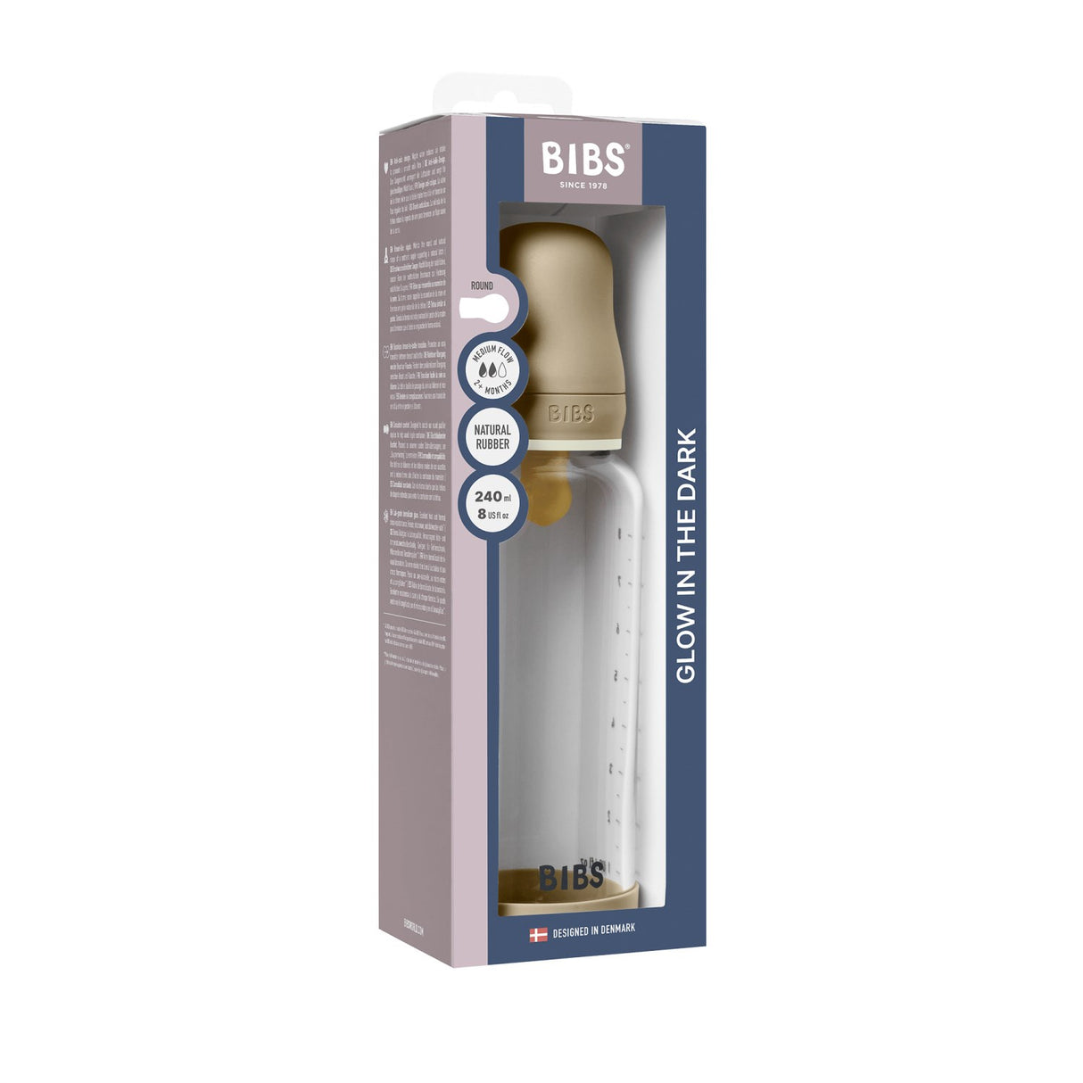 Bibs Vanilla GLOW Glass Baby Bottle Round Latex 1-Pack 240 Ml Medium Flow