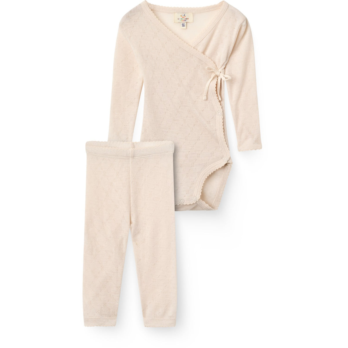 COPENHAGEN COLORS Cream 2-Pack Lt. Knitted Pointelle Cross-Over Body W. Picot Edge + Pointelle Leggings W Picot Edge