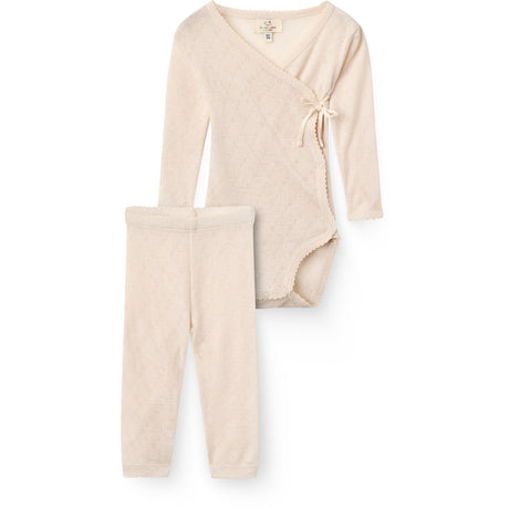 COPENHAGEN COLORS Cream 2-Pack Lt. Knitted Pointelle Cross-Over Body W. Picot Edge + Pointelle Leggings W Picot Edge