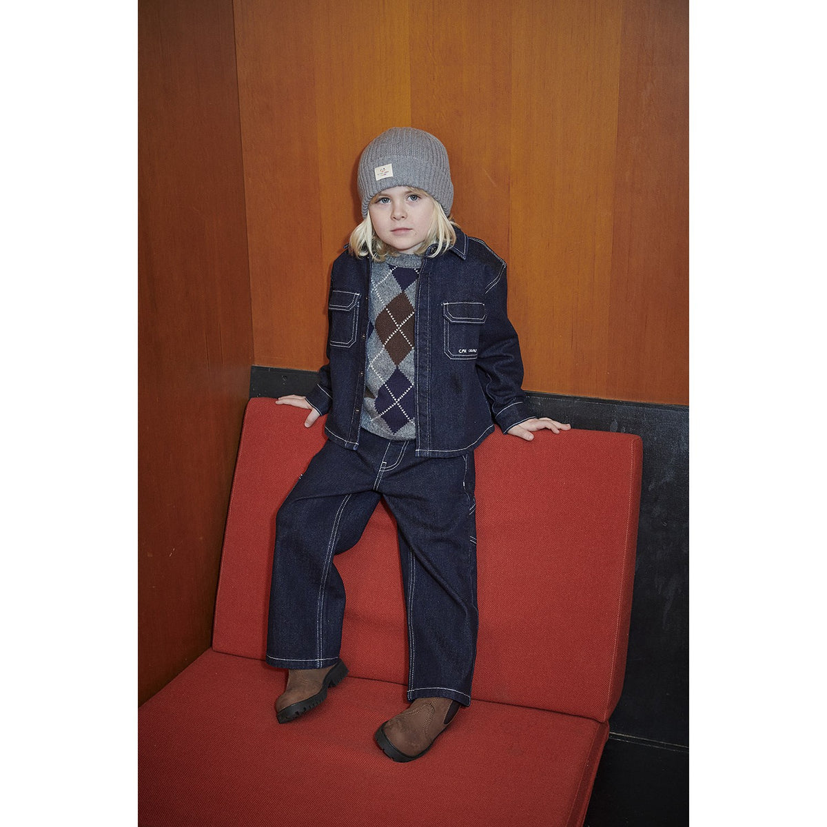 COPENHAGEN COLORS Grey Mel./Dk. Brown/Navy Comb. Argyle Knitted Vest