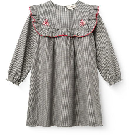 COPENHAGEN COLORS Grey Check Comb Long-Sleeved Dress With All-Over Embroidery