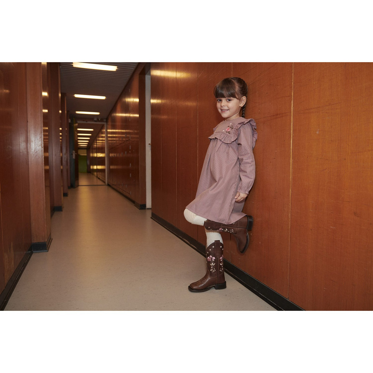 COPENHAGEN COLORS Winter Rose Check Comb Long-Sleeved Dress With All-Over Embroidery