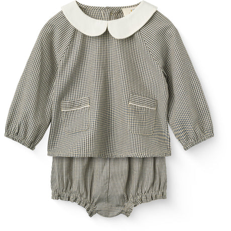 COPENHAGEN COLORS Brown/Sky Check Comb. Checkered Baby Set W. Blouse & Bloomers