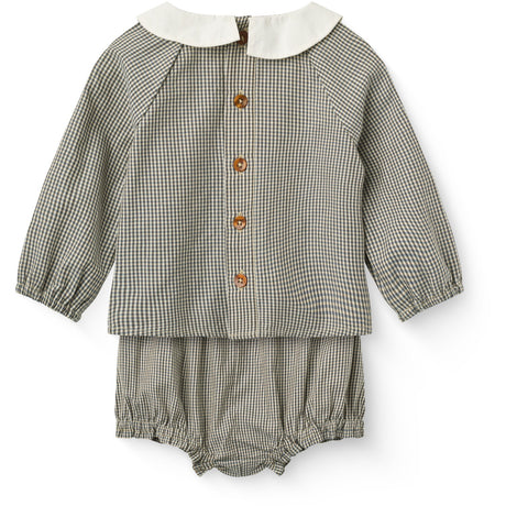 COPENHAGEN COLORS Brown/Sky Check Comb. Checkered Baby Set W. Blouse & Bloomers