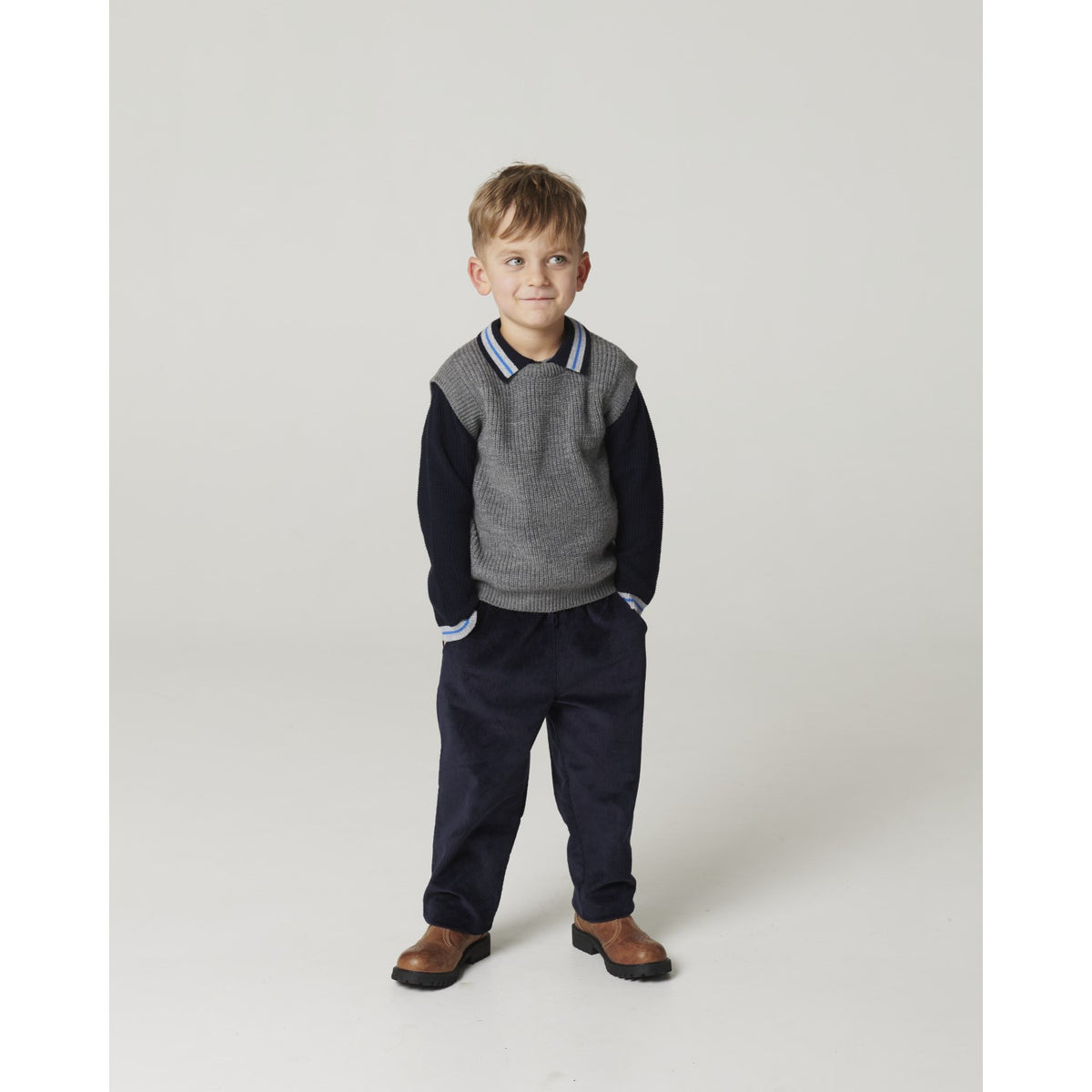 COPENHAGEN COLORS Navy Comb. Long-Sleeved Knitted Waffle Polo
