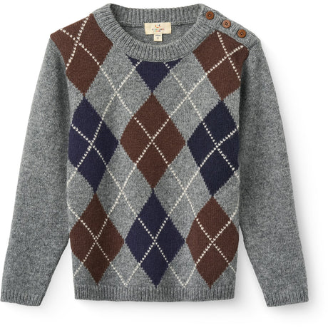 COPENHAGEN COLORS Grey Mel./Dk. Brown/Navy Comb. Argyle Knitted Pullover