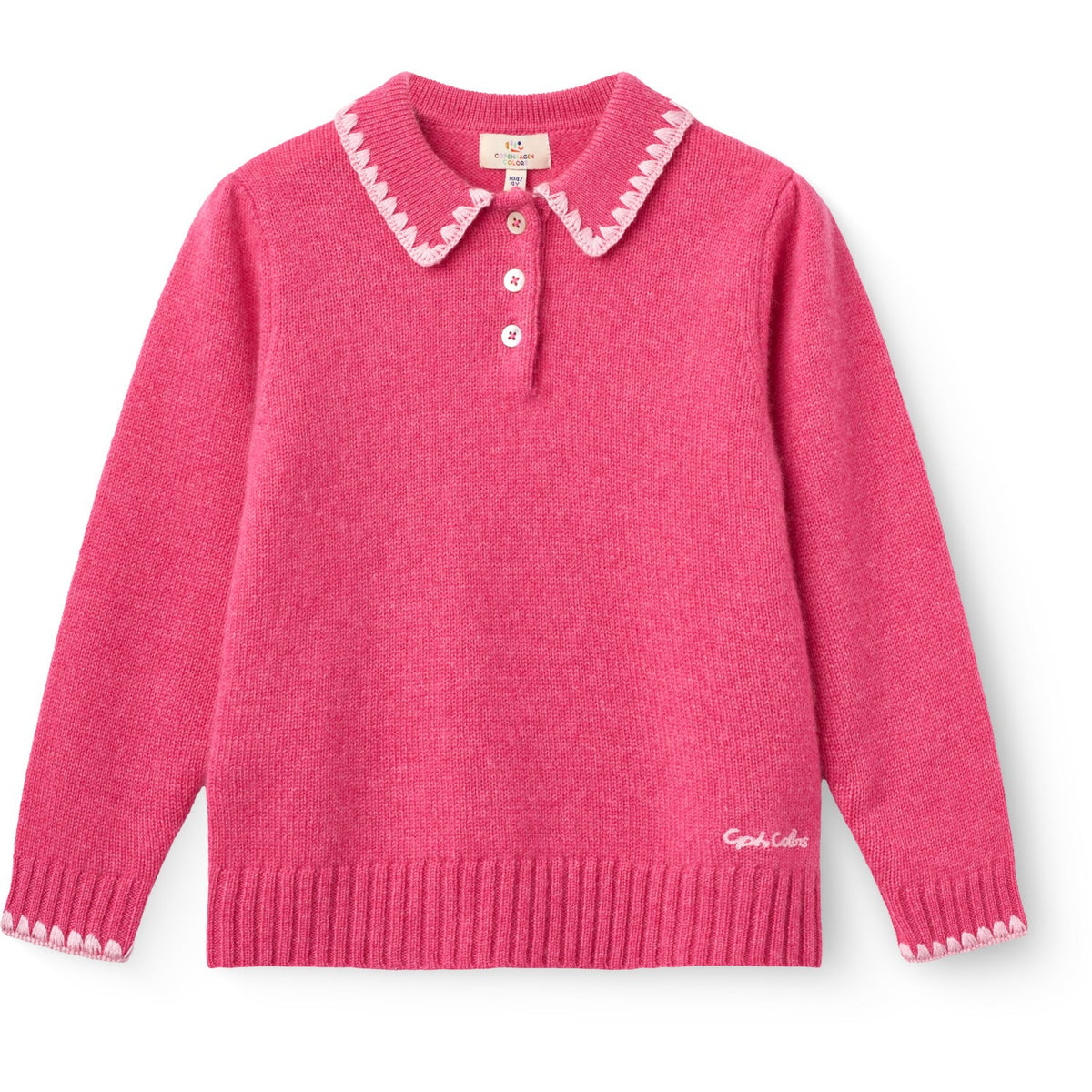 COPENHAGEN COLORS Fuschsia Comb. Cashmere Blouse W. Collar & Blanket Stitch