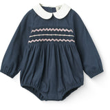 COPENHAGEN COLORS Navy Comb. Romper W. Smock & Handmade Embroidery
