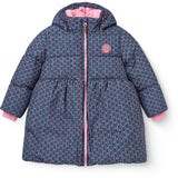 COPENHAGEN COLORS Navy Flower Aop Puffer Long Frill Jacket W. Teddy Lining