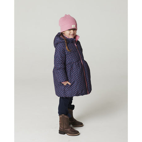 COPENHAGEN COLORS Navy Flower Aop Puffer Long Frill Jacket W. Teddy Lining