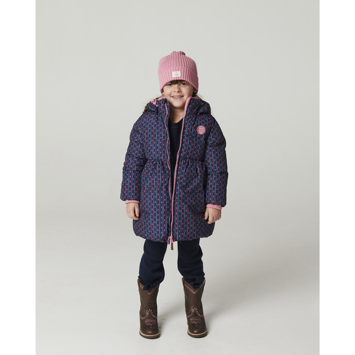 COPENHAGEN COLORS Navy Flower Aop Puffer Long Frill Jacket W. Teddy Lining