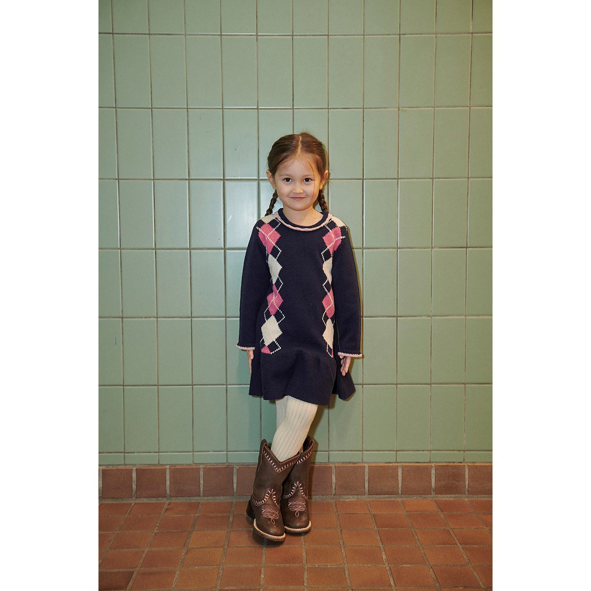 COPENHAGEN COLORS Navy/Soft Pink/Blossom Pink Comb. Argyle Dress W. Deco