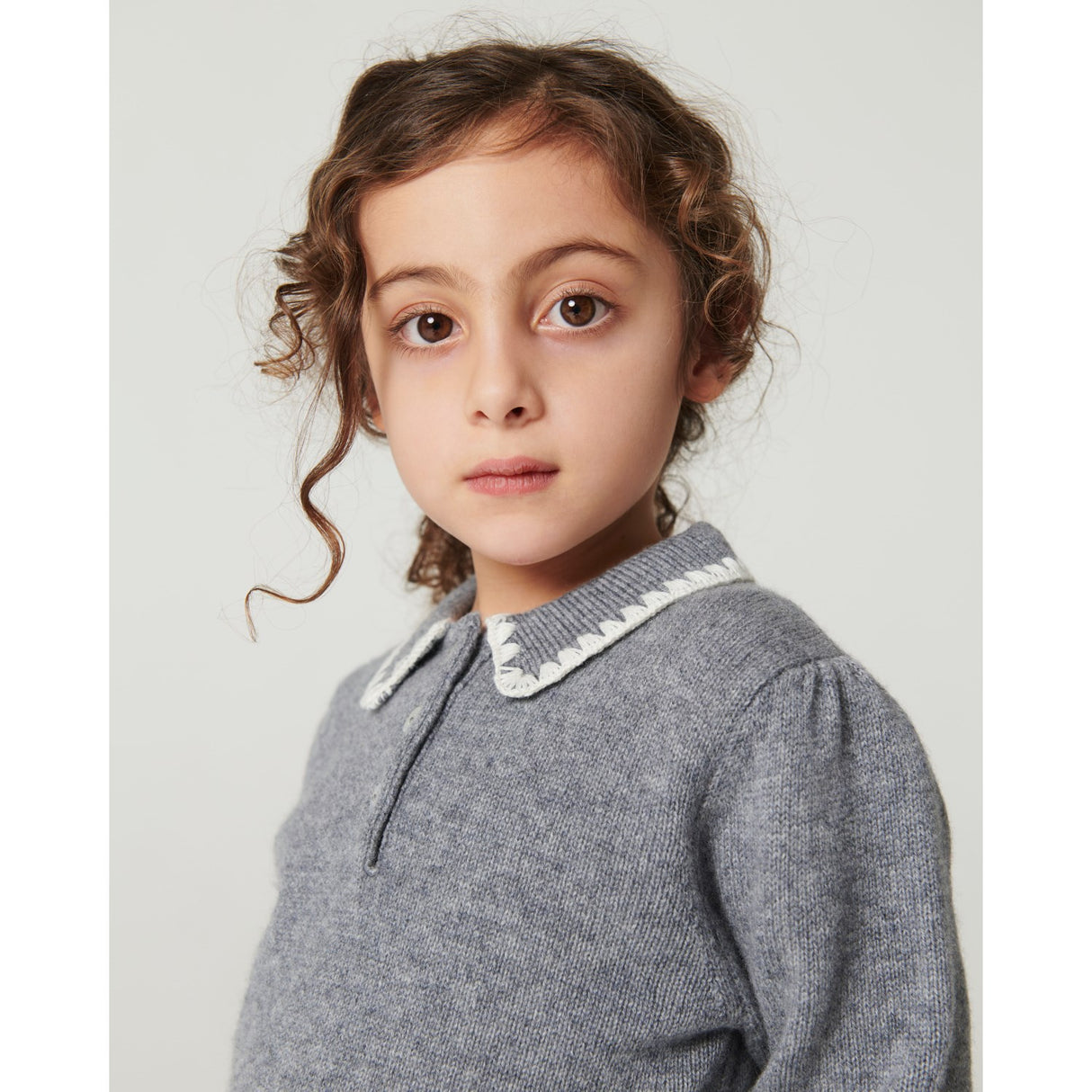 COPENHAGEN COLORS Grey Melange Comb. Cashmere Blouse W. Collar & Blanket Stitch