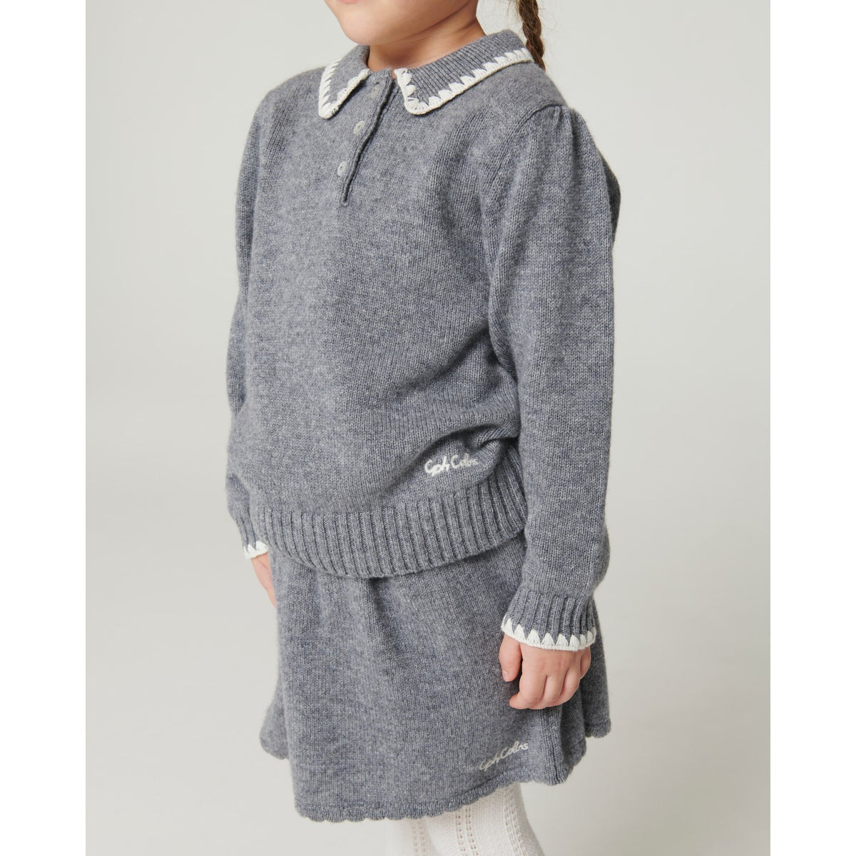 COPENHAGEN COLORS Grey Melange Comb. Cashmere Blouse W. Collar & Blanket Stitch