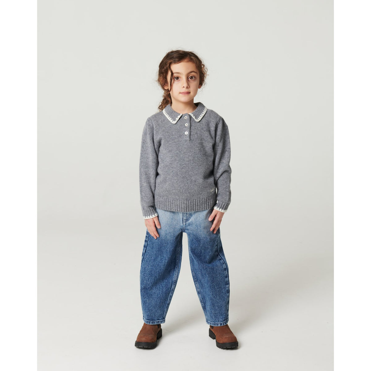 COPENHAGEN COLORS Grey Melange Comb. Cashmere Blouse W. Collar & Blanket Stitch