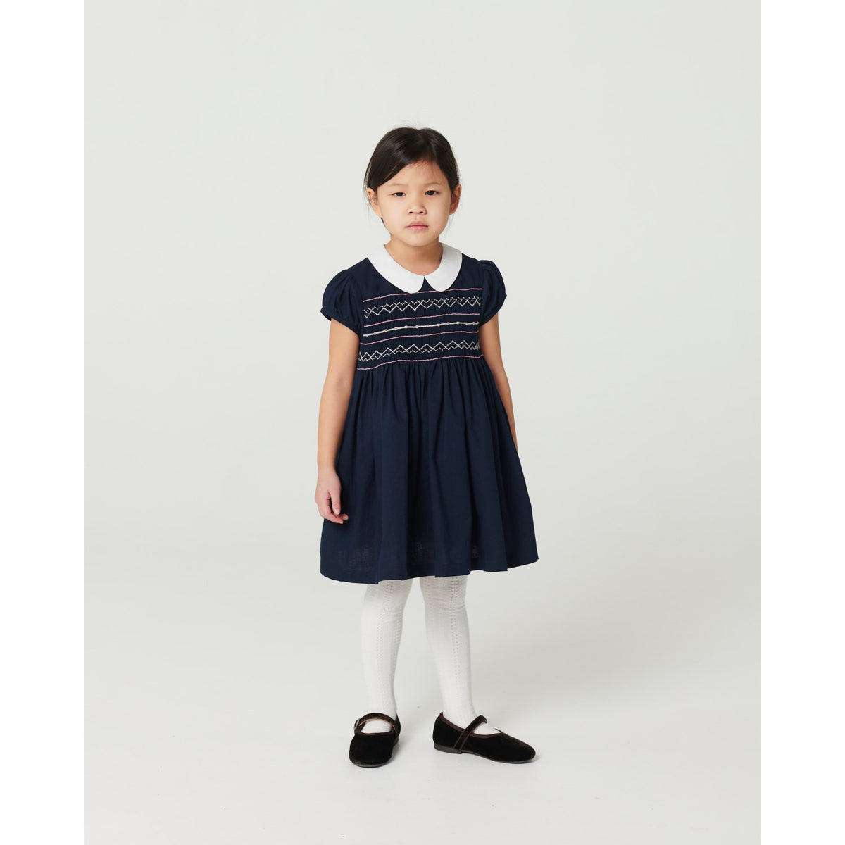 COPENHAGEN COLORS Navy Comb. Dress W. Handmade Smock Embroidery