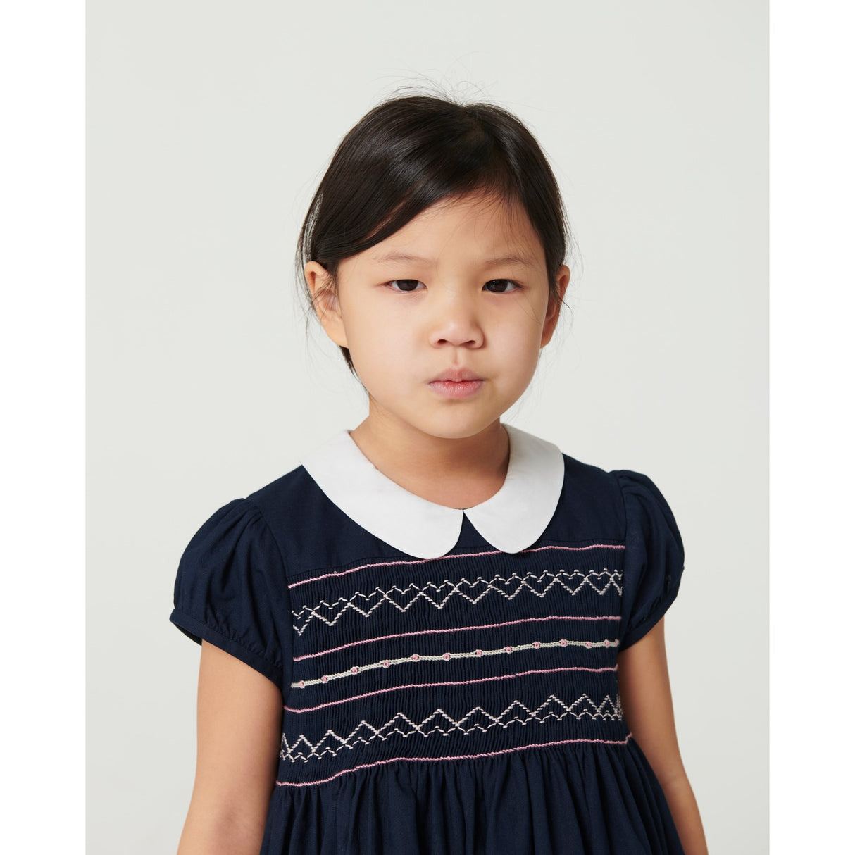 COPENHAGEN COLORS Navy Comb. Dress W. Handmade Smock Embroidery
