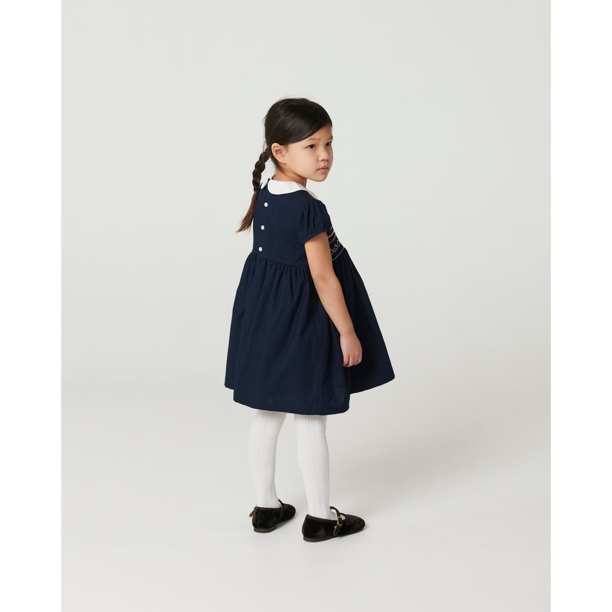 COPENHAGEN COLORS Navy Comb. Dress W. Handmade Smock Embroidery