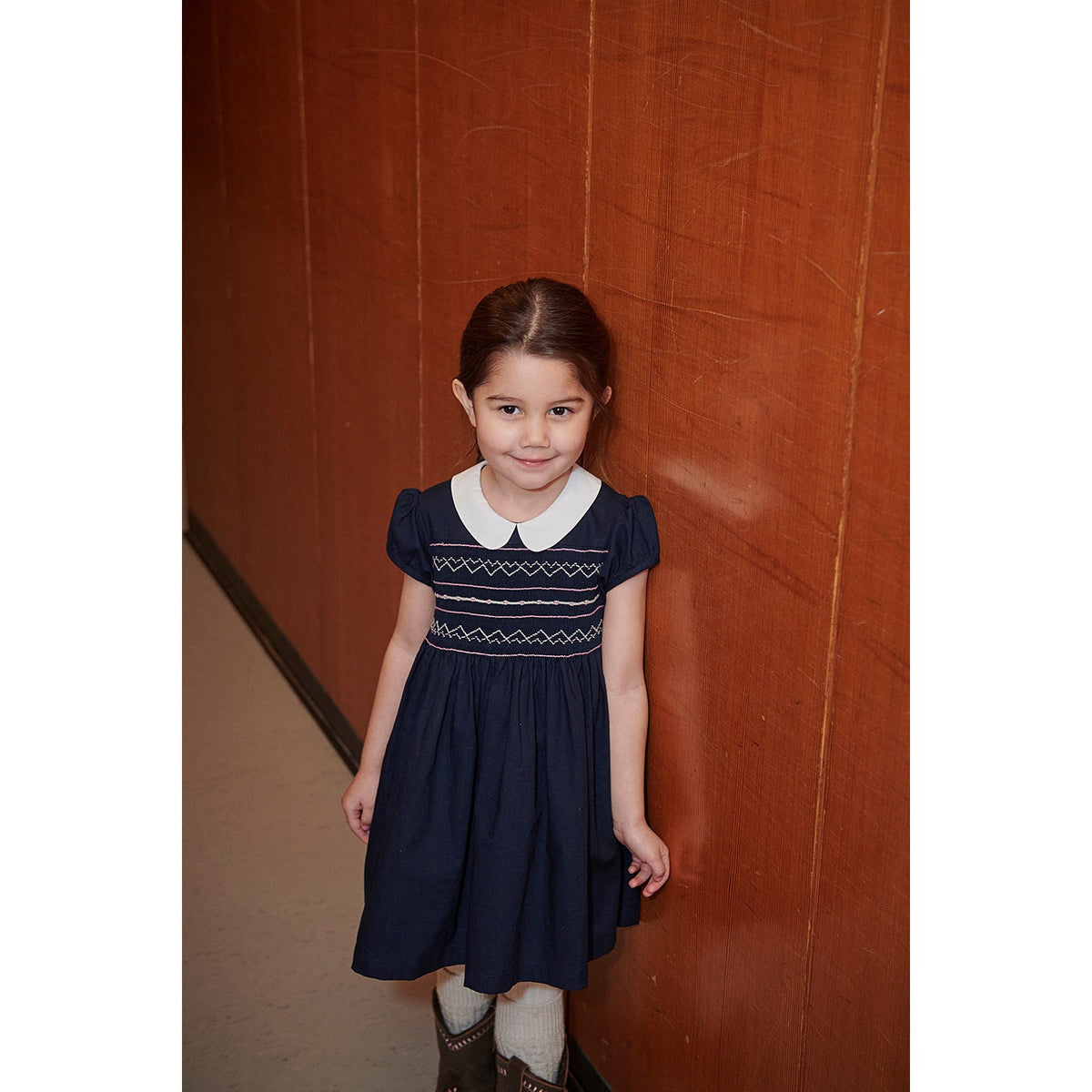 COPENHAGEN COLORS Navy Comb. Dress W. Handmade Smock Embroidery