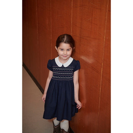 COPENHAGEN COLORS Navy Comb. Dress W. Handmade Smock Embroidery