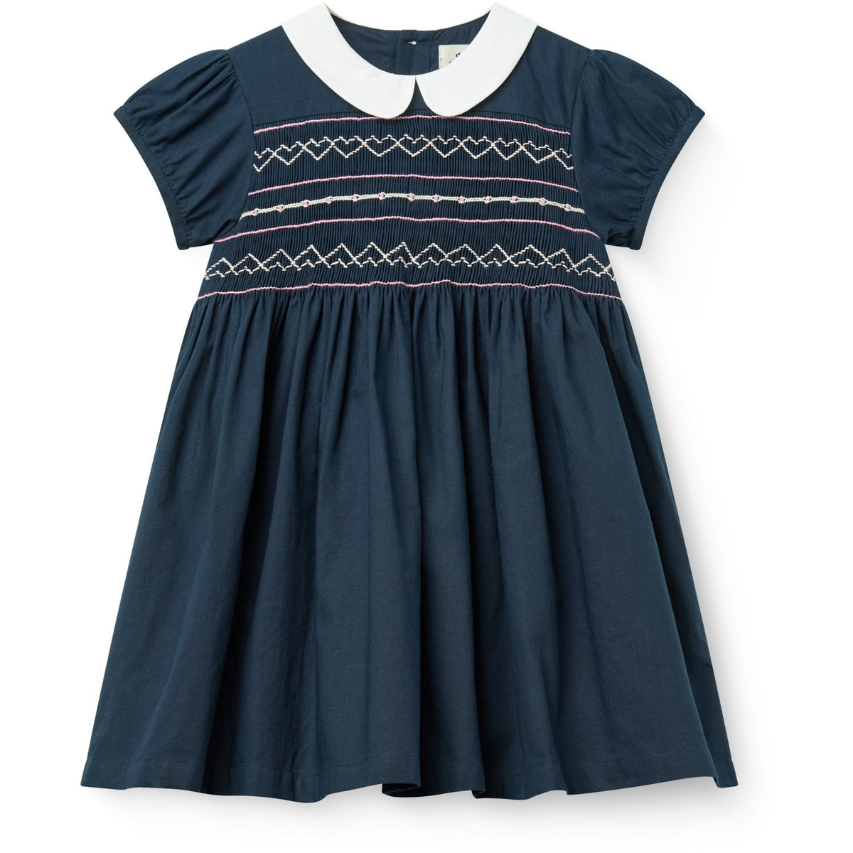 COPENHAGEN COLORS Navy Comb. Dress W. Handmade Smock Embroidery