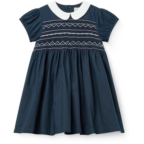 COPENHAGEN COLORS Navy Comb. Dress W. Handmade Smock Embroidery