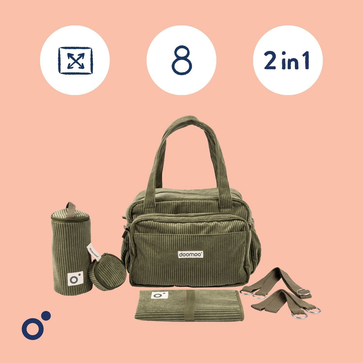 Doomoo Corduroy Khaki Diaper Bag With 8 Accessories