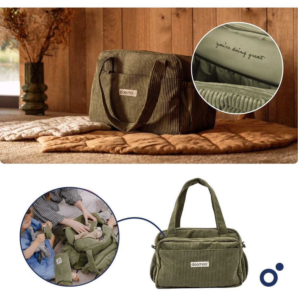 Doomoo Corduroy Khaki Diaper Bag With 8 Accessories