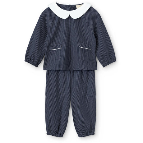 COPENHAGEN COLORS Brown Blue Check Comb. Checkered Baby Set W. Blouse W. Collar & Pants