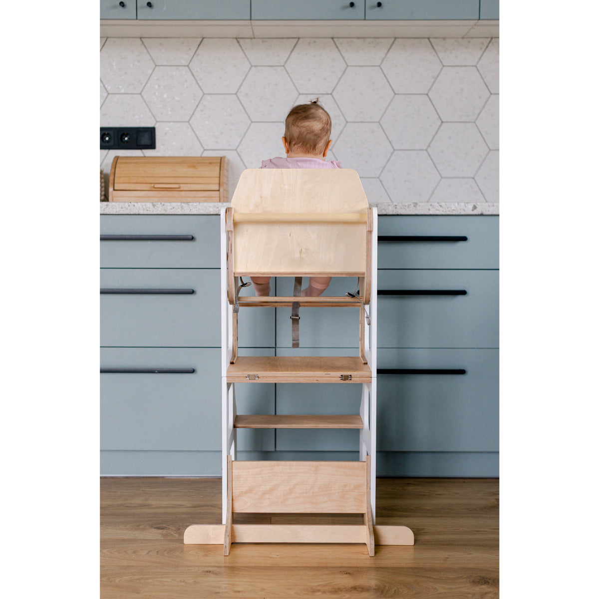 Duck Woodworks White Foldable EC Kitchen Tower With High Chair Addon Set