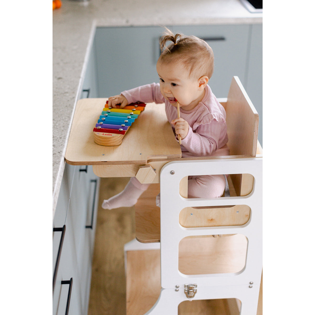 Duck Woodworks White Foldable EC Kitchen Tower With High Chair Addon Set