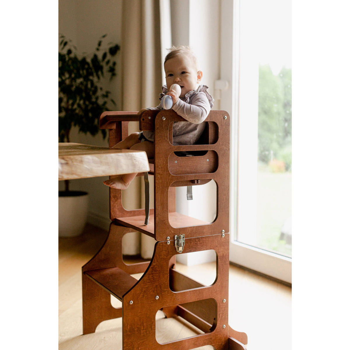 Duck Woodworks Honey Glaze Foldable Kitchen Tower Stained With High Chair Addon Set