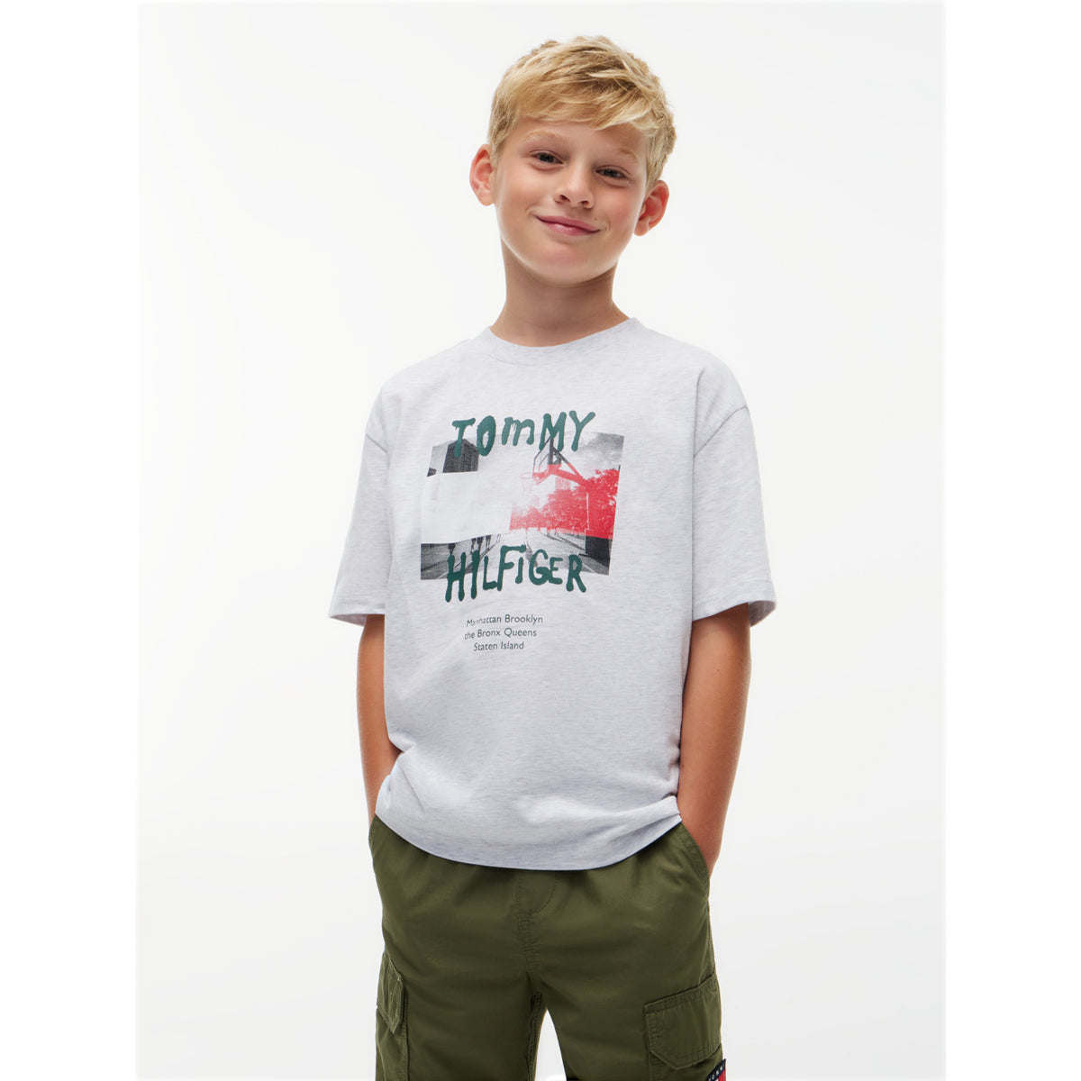Tommy Hilfiger Grey Heather-Grey Flag Grafitti Tee Ss