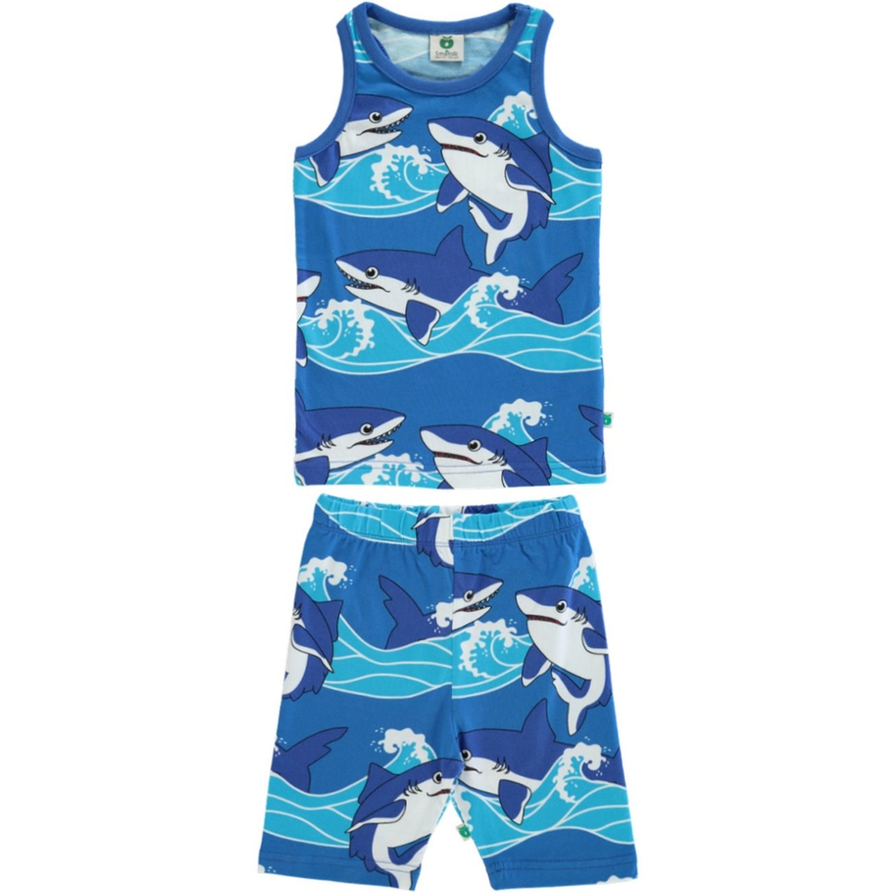 Småfolk Brilliant Blue Tank top and cycling shorts with sharks