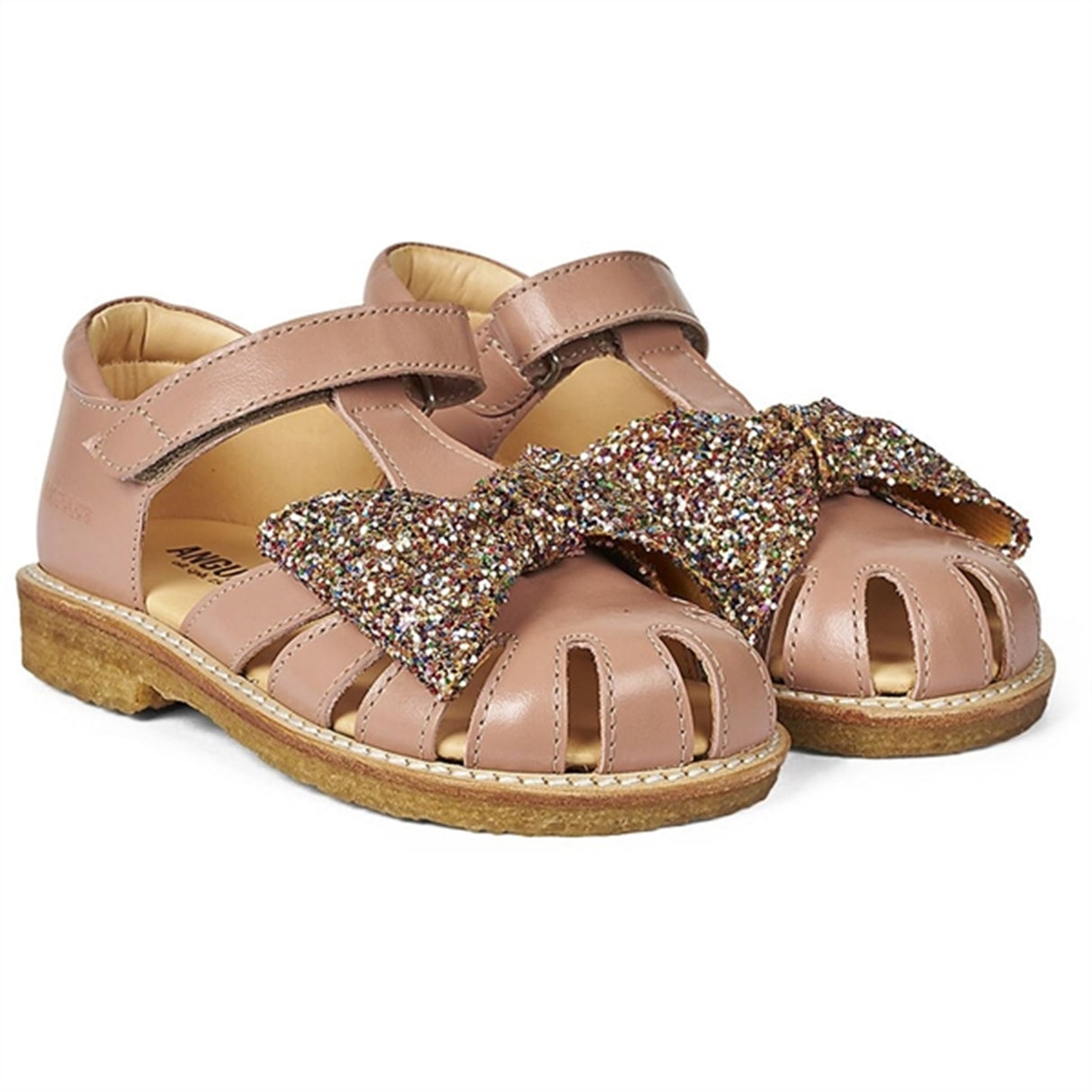 Angulus Sandal W. Bow And Velcro Dark Peach/Multi Glitter