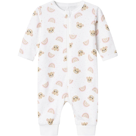 Name it Bright White Teddy Print Nightsuit with Zipper Noos