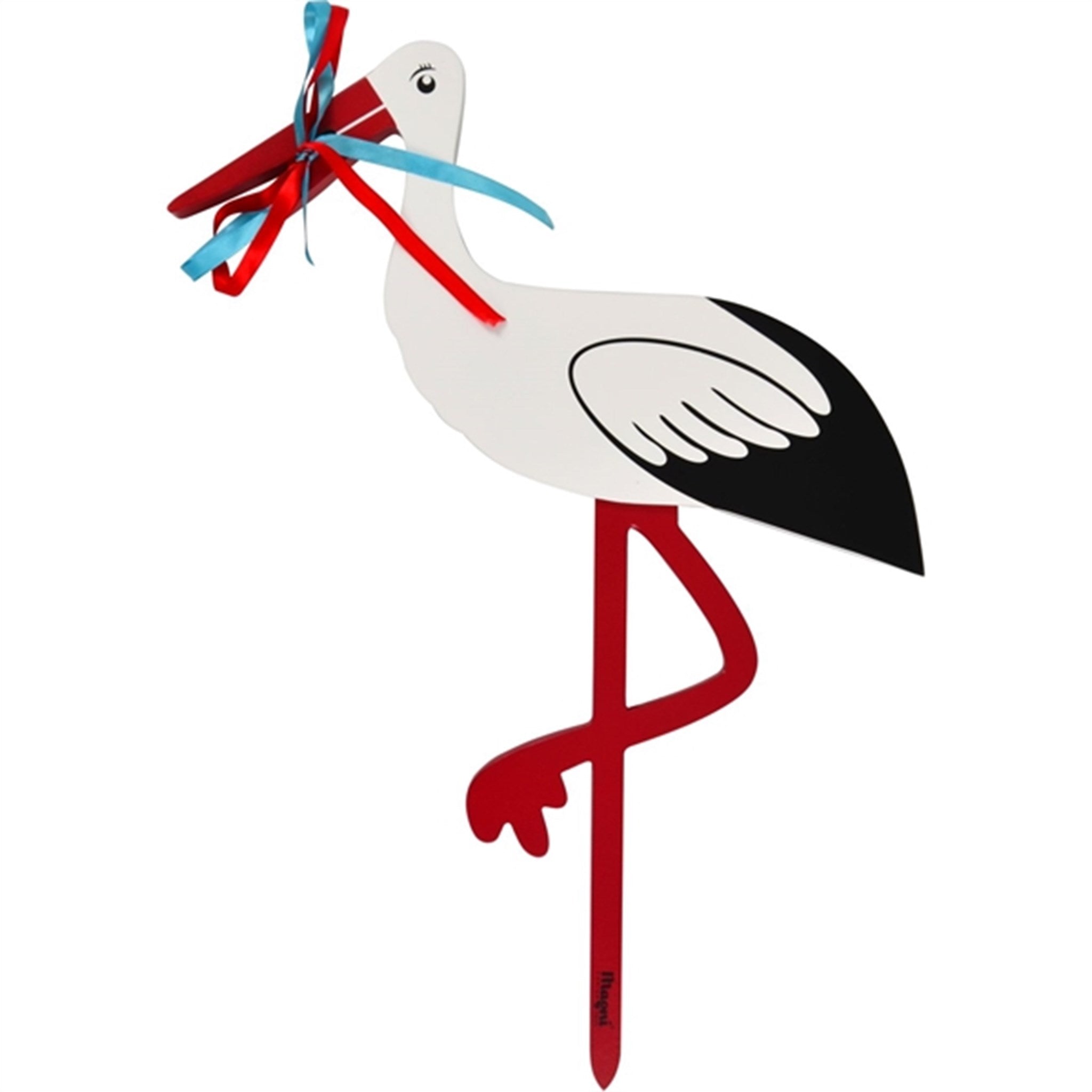 Magni Wooden Birth Stork with Red and Blue Ribbon