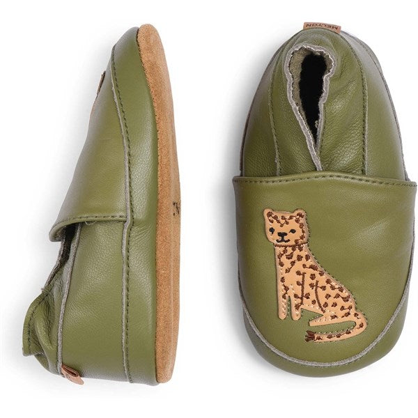 MELTON Leopard Leather Slippers Dried Herb