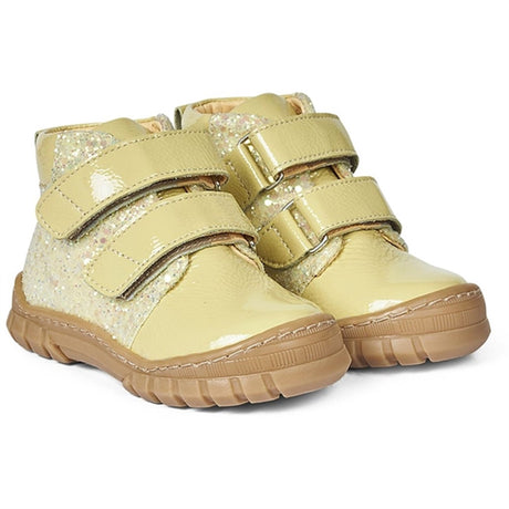 Angulus Starter Shoe W. Velcro And Glitter Details Light Yellow/Light Yellow Glitter