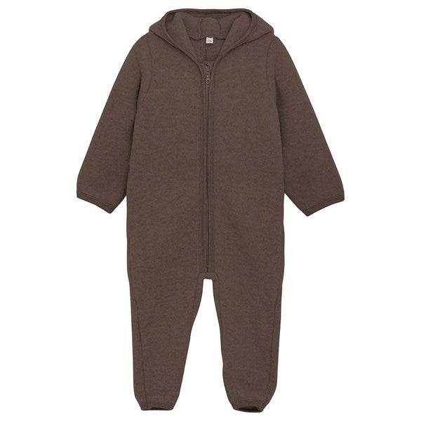 Huttelihut Pram Suit Ears Wool Fleece Dark Brown Melange