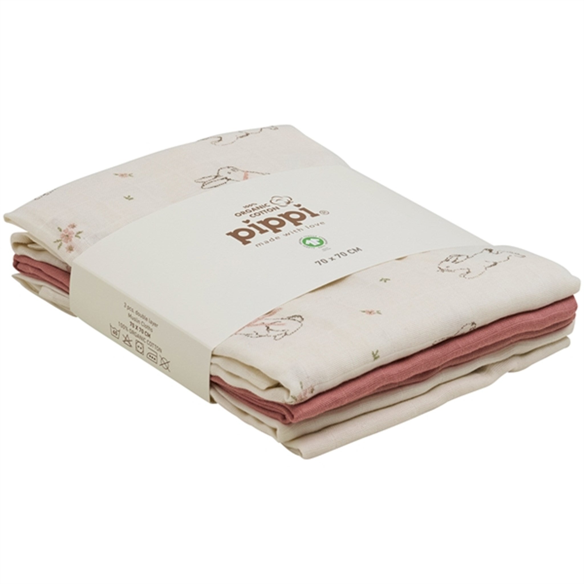 Pippi Organic Muslin Cloths 3-pack Rose Tan