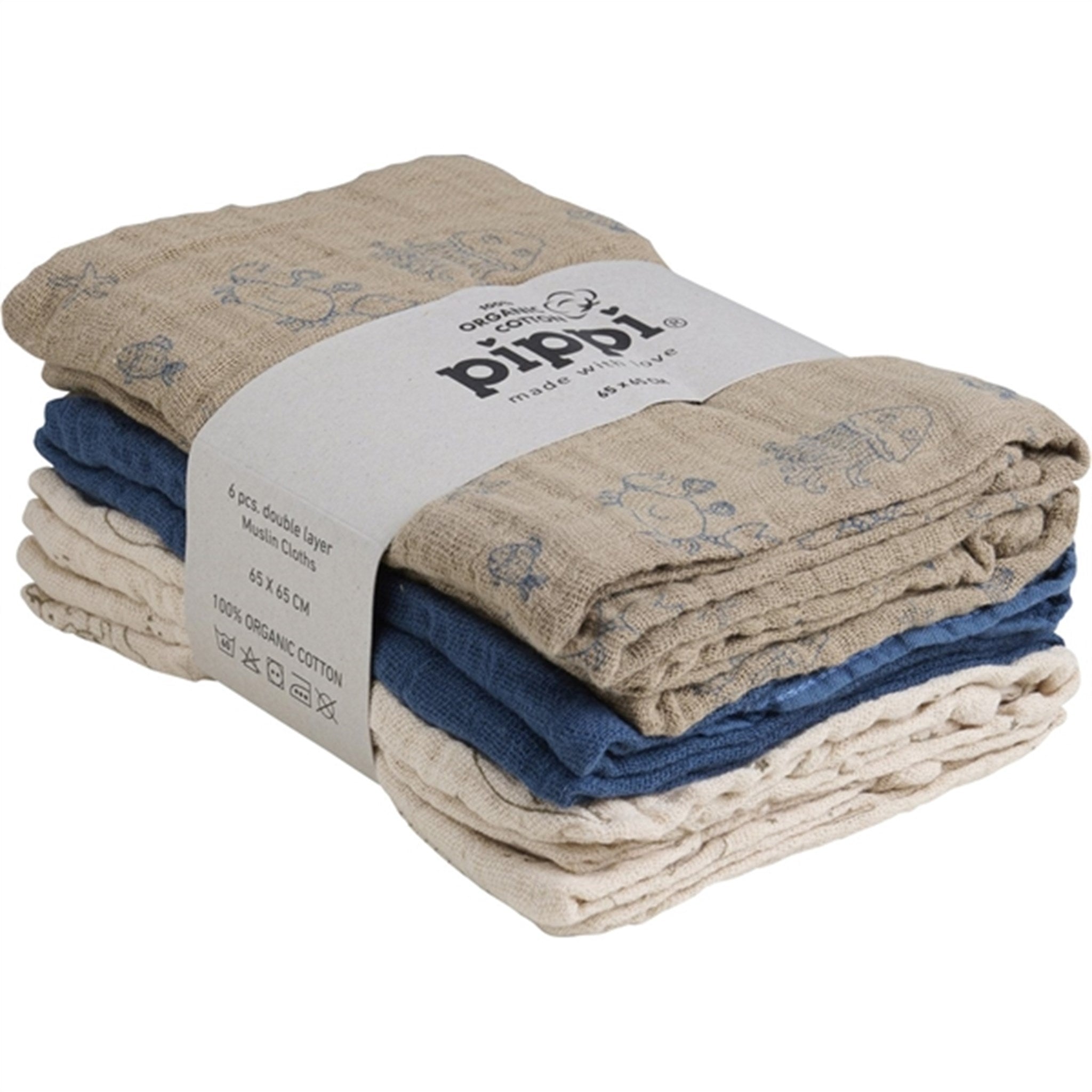 Pippi Organic Muslin Cloths 6-pack China Blue