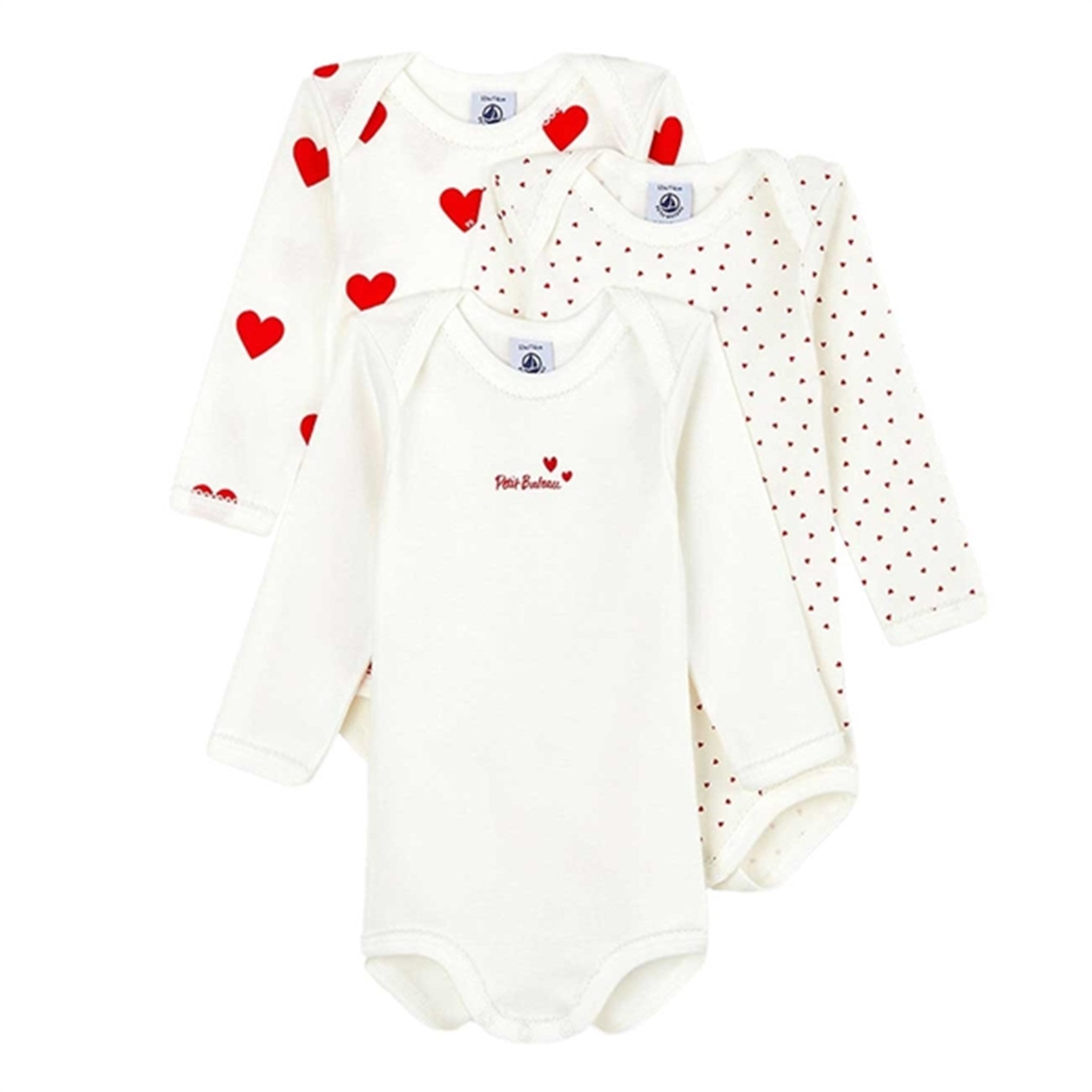 Petit Bateau Bodystocking 3-pack White/Red Hearts