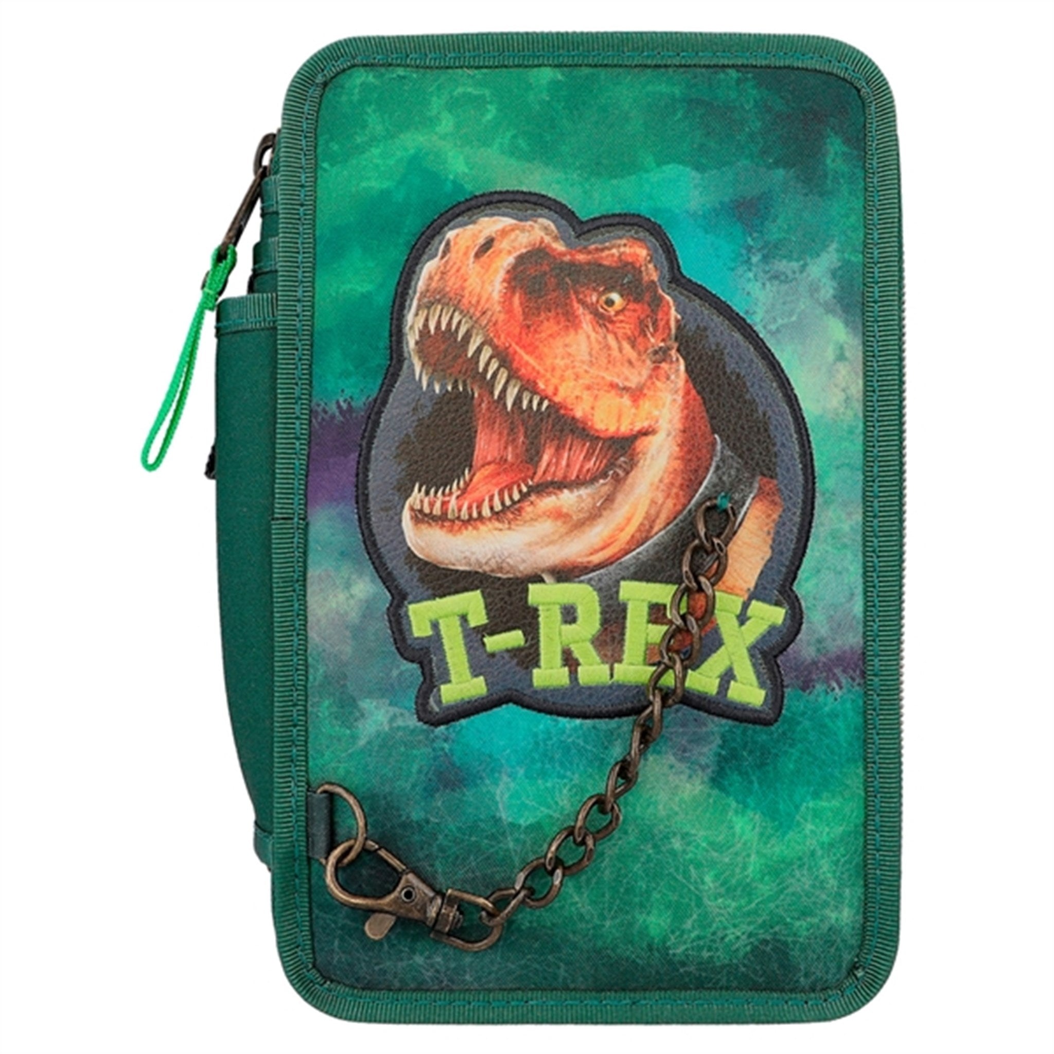 Dino World Triple Pencil Case With Chain Green