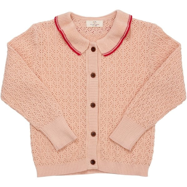 Copenhagen Colors Dusty Rose/Red Comb. Pointelle Cable Knit Cardigan w. Collar